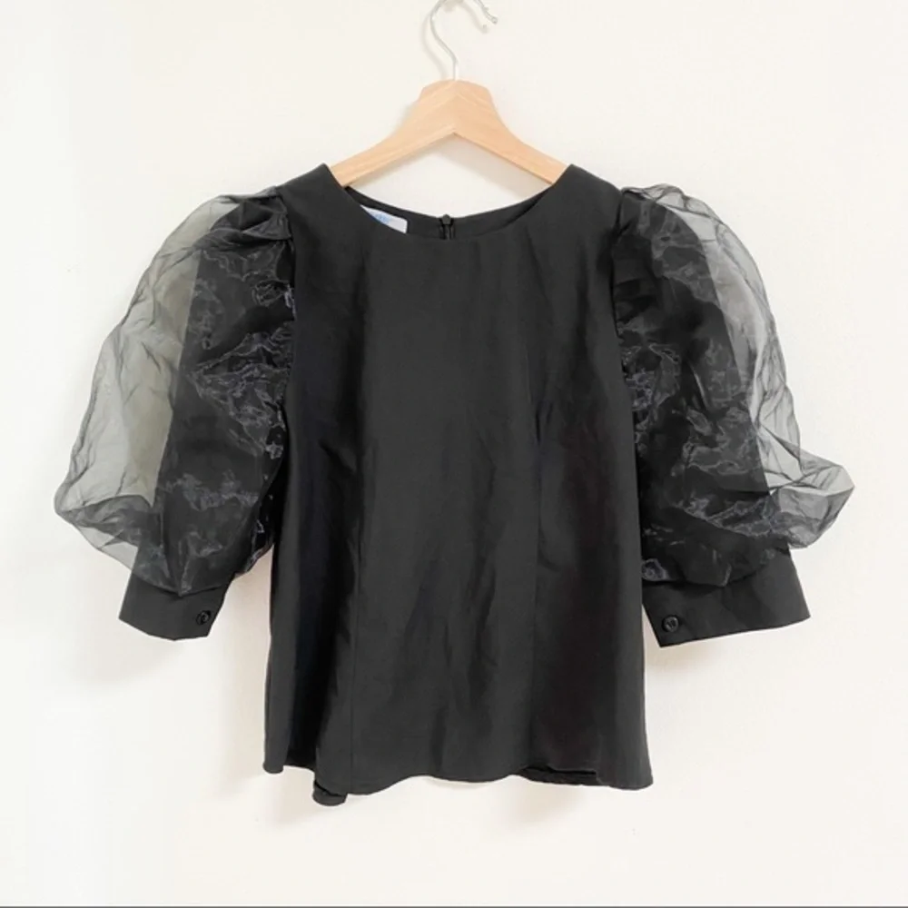 Black with sheer puffy sleeves top blouse